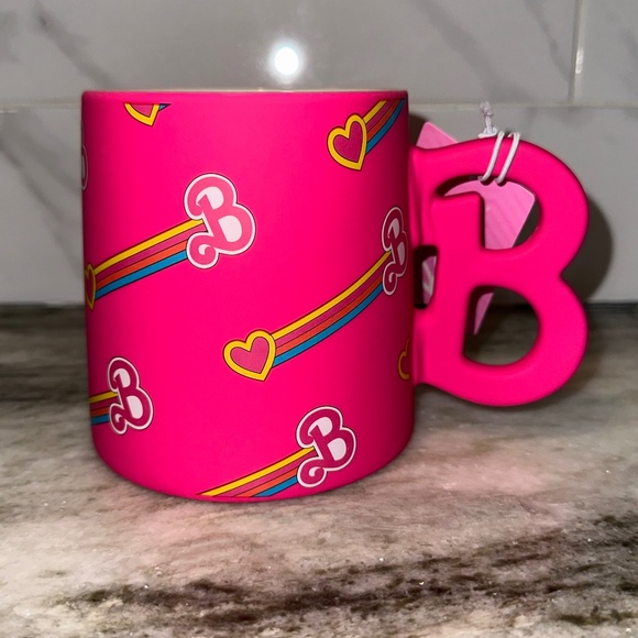 BARBIE B Icon Logo Rainbow Heart MUG with B Initial Handle 21 oz NEW Pink Mattel - Picture 1 of 8